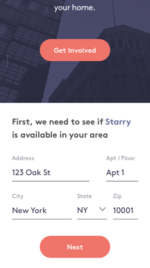 Visual design of Starry website sign up flow